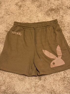 PlayBoy Sweat Shorts Mens Medium Brown 5'' Inseam Elastic Waist Drawstring Logo